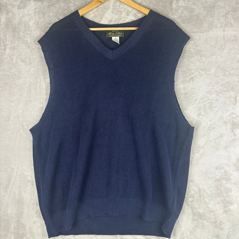 Orvis Signature Collection Mens XL Navy Blue 100% Linen V-Neck Sweater Vest 3L8C
